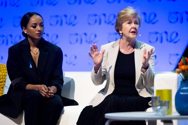 Gillian Triggs, UN assistant secretary-general and Kat Graham, actress and goodwill ambassador the UNHCR speaking at the One Young World Summit at the ICC in Belfast