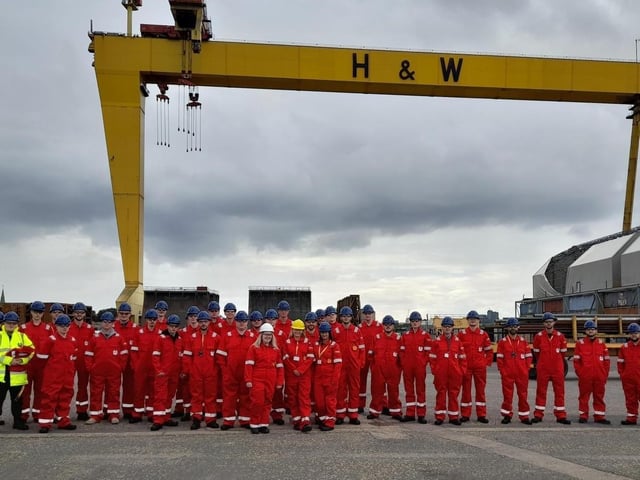 Apprentices at Harland & Wolff under the shipyard’s Samson & Goliath cranes