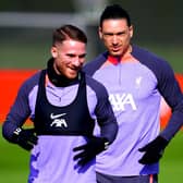 Liverpool's Alexis Mac Allister (left) and Darwin Nunez during a training session at the AXA Training Centre, Liverpool. (Photo by Peter Byrne/PA Wire)