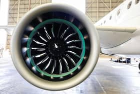 The engine of the QantasLink Airbus A220 is seen on February 22, 2024 in Sydney, Australia; the Belfast plant of Spirit makes the A220's wings
