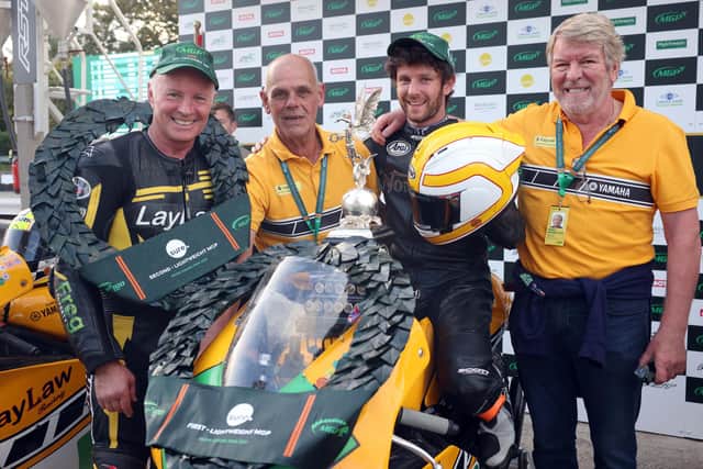 Lightweight Manx Grand Prix race winner Mike Browne and runner-up Ian Lougher with LayLaw Racing team owner Gerry Lawlor and Eddie Laycock