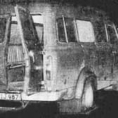 The bullet riddled minibus in which the murdered workers were travelling stands at the side of the lonely country road where the massacre occurred at Kingsmill outside Whitecross. Ten protestant work men were shot dead by the Provisional IRA. 