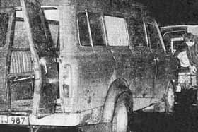The bullet riddled minibus in which the murdered workers were travelling stands at the side of the lonely country road where the massacre occurred at Kingsmill outside Whitecross. Ten protestant work men were shot dead by the Provisional IRA. 