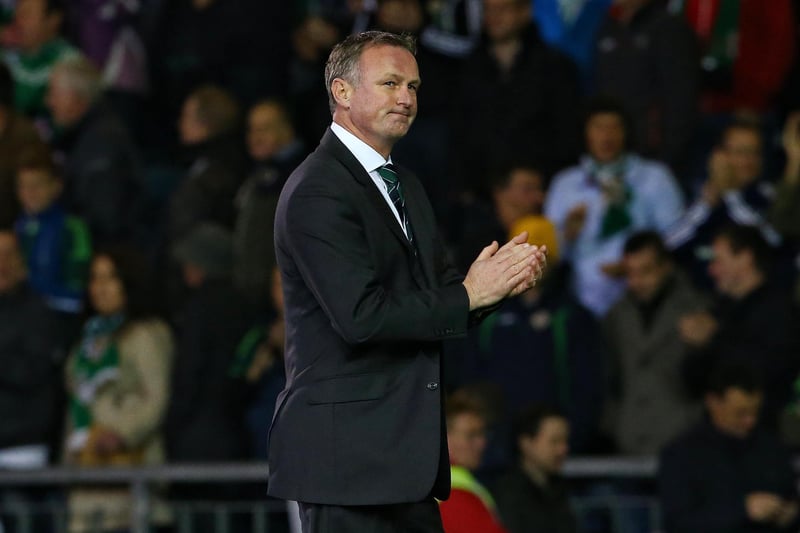 Northern Ireland manager Michael O'Neill celebrates defeating the Faroe Islands 2-0. It marked his third victory since taking over after previously beating Russia (August 2013) and Hungary (September 2014).