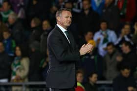Northern Ireland manager Michael O'Neill celebrates defeating the Faroe Islands 2-0. It marked his third victory since taking over after previously beating Russia (August 2013) and Hungary (September 2014).