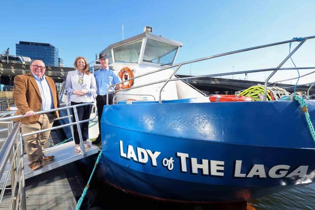 Lord Mayor of Belfast, Councillor Christina Black, was welcomed at the official launch of the new MV Lady of the Lagan river cruiser by Waterways Belfast director Peter Lavery (left) and Captain Alan Gilfillan.