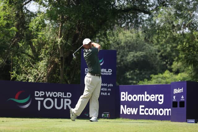 Northern Ireland's Rory McIlroy tees off on the ninth hole in the final round of the DP World India Championship. (Photo by Luke Walker/Getty images)