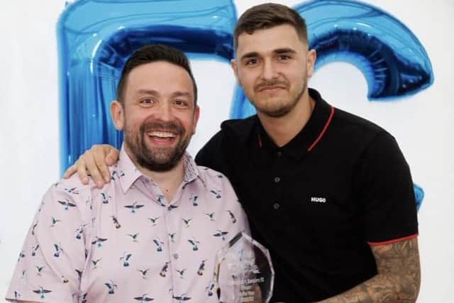 Ballymacash Rangers manager Lee Forsythe with Player of the Year and captain Jordan Morrison at the club's Awards Night. Credit: Paul Harvey
