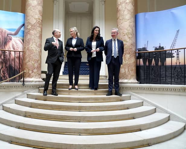 (left to right) Northern Ireland Secretary Chris Heaton-Harris, First Minister Michelle O'Neill, Deputy First Minister Emma Little Pengelly and Minister for Levelling Up, Housing and Communities, Michael Gove, pose for a photograph at the first East-West Council meeting at Dover House in London