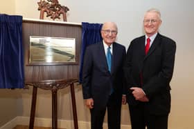 Senator George Mitchell (left) with NI Secretary Hillary Benn at Queen’s University Belfast on Wednesday night