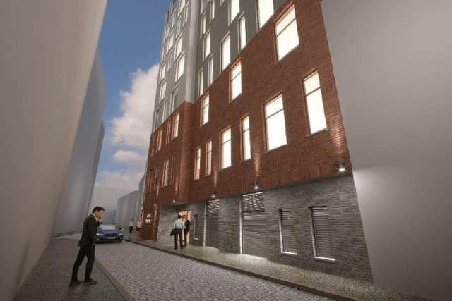 Computer generated image of the new 9 storey extension/new build to the rear of the building at 21 Queen Street, Belfast