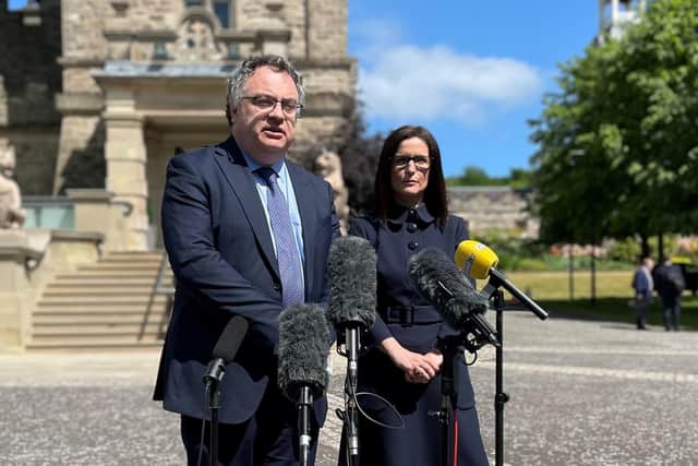 Alliance Party deputy leader Stephen Farry and party colleague Paula Bradshaw outside Stormont Castle after a meeting with the head of the NI Civil Service Jayne Brady