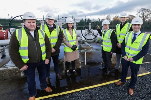 Evolve, one of Northern Ireland's gas  operators, is making history with the first-ever direct-to-grid injection of biomethane on the island. This marks a significant milestone in Northern Ireland's decarbonisation journey and a major achievement for the island as a whole. The integration of this renewable energy source into the existing gas grid, identified as a crucial step by government, ensures consumers can access decarbonised energy without home upheaval or additional costs.  Pictured at the event are John Watt and Richard Aldworth, Ulster Farmers Union, Mary O’Kane, David Butler (director) and Darren Young from Evolve and Stuart Hollinger, Chamber of Commerce NI.  Photo by William Cherry/Presseye