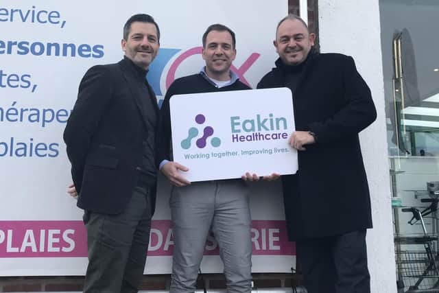 Northern Ireland's Eakin Healthcare has announced its acquisition of Belgium based Alphamédis and its sister company, Medexia, in Luxembourg. Pictured are Stuart Welland and Robert-Jan Spee welcoming Olivier Stangret and his teams at Alphamedis and Medexia into Eakin Healthcare