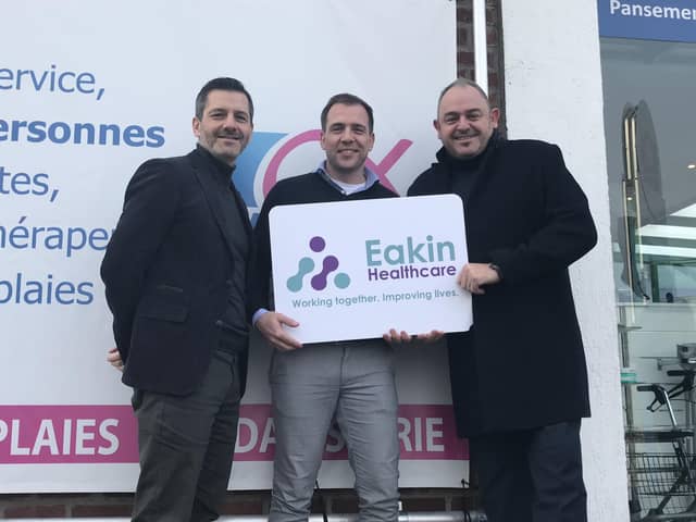 Northern Ireland's Eakin Healthcare has announced its acquisition of Belgium based Alphamédis and its sister company, Medexia, in Luxembourg. Pictured are Stuart Welland and Robert-Jan Spee welcoming Olivier Stangret and his teams at Alphamedis and Medexia into Eakin Healthcare