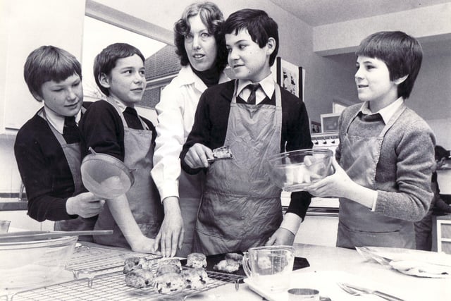 Pamela Evans, head of home economics, with pupils, from left, Graham Learmonth, Jason Hogan, Nigel Brindley and Steven Oldfield in centenary year, 1980