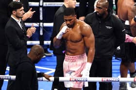 Anthony Joshua celebrates after winning the International Heavyweight contest against Jermaine Franklin at The O2, London.