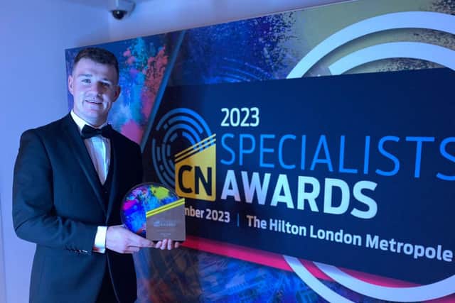 Conor Dallas (25) from Loughguile, County Antrim who is a final year apprentice at the College’s Ballymoney Campus, has been named Young Apprentice of the Year 2023 at the prestigious Construction News Specialists gala awards dinner at the Hilton London Metropole. Conor is a bench joinery apprentice employed by Mivan in Antrim