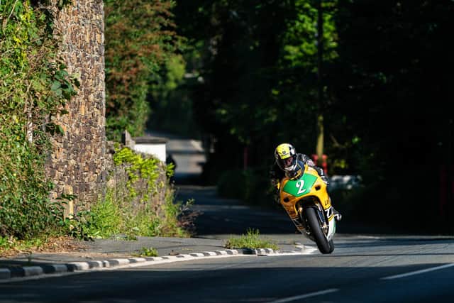 Ian Lougher (Laylaw Yamaha TZ250) at Gorse Lea during the opening  practice session for the 2023 Manx Grand Prix.