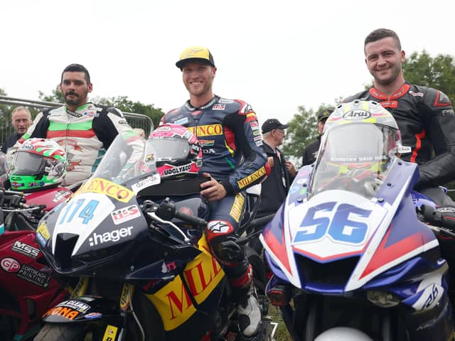 Adam McLean (right) finished as the runner-up in the second Supersport race at Armoy in 2022 behind race winner Davey Todd (centre), with Derek Sheils completing the podium.