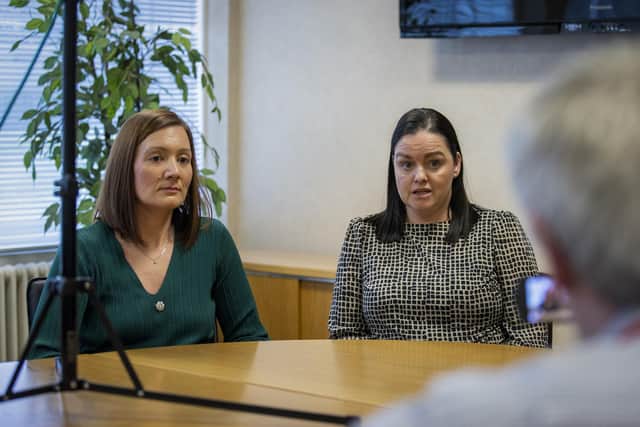 Detective Constable Rebecca Irvine (left) and Detective Chief Inspector Lorraine McCutcheon at PSNI Headquarters in Belfast. An investigation into a prolific sex offender who targeted dozens of boys by posing online as a teenage girl is continuing, police have said. Gerard Murray was sentenced at Dungannon Crown Court last week for multiple sex offences. Photo: Liam McBurney/PA Wire
