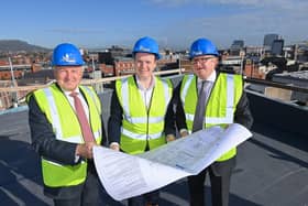 Guy Hollis, Oakland, Minister Gordon Lyons, Gareth Graham, Oakland at ‘topping out’ ceremony at Northern Ireland’s first Aparthotel
