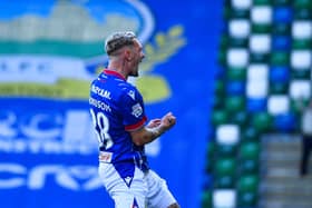 Callumn Morrison celebrates putting Linfield ahead against Glentoran. (Photo by Andrew McCarroll/Pacemaker Press)