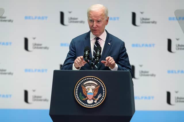 President Joe Biden speaking at the new Ulster University Belfast campus. He claimed that since 1998 GDP in Northern Ireland "has literally doubled". But output in NI actually increased by 42%, and was in the bottom half of UK regions. His speech-writers should be ashamed. Picture by Kelvin Boyes / PressEye