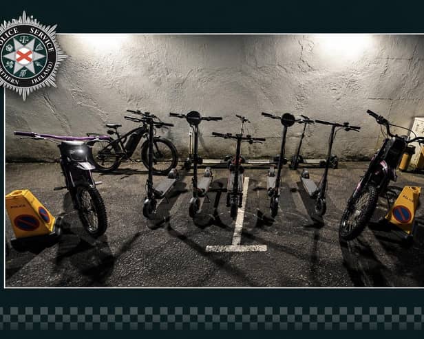 Some of the vehicles seized in a police crackdown on illegal and anti-social use of e-bikes and scooters over the summer. Pic: PSNI/PA Wire
