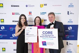 Deborah Madden, environmental and quality manager at Henry Brothers and Jennifer Cruickshank, HR & CR manager at Henry Brothers, collect Henry Brothers’ platinum status award from Kieran Harding, managing director at Business in the Community, at the recent Responsible Business Awards