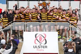 RBAI lift the cup after retaining the Schools' Cup following victory over Ballymena Academy at Kingspan Stadium