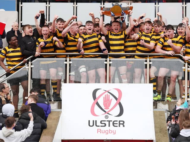 RBAI lift the cup after retaining the Schools' Cup following victory over Ballymena Academy at Kingspan Stadium