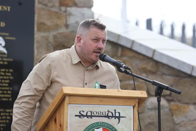 Stephen Murney speaking at Milltown Cemetery after an Easter commemoration parade in Belfast. Easter parades are held annually across the Island of Ireland by Republicans to commemorate the 1916 Easter Rising in Dublin against British rule. Picture date: Saturday April 8, 2023.