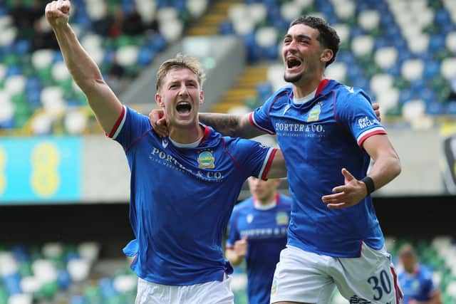 Ben Hall celebrates his winner for Linfield against Carrick Rangers