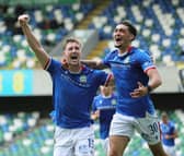 Ben Hall celebrates his winner for Linfield against Carrick Rangers