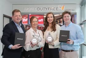 Basalt Volcanic Rock Vodka, produced by the Antrim-based Basalt Distillery, has landed at Belfast City Airport’s World Duty Free store. Pictured are Michael Jackson, head of commercial at Belfast City Airport, Gillian O’Neill, store manager at World Duty Free at Belfast City Airport, Martha Garbe, director at Basalt Distillery and James Richardson, director at Basalt Distillery