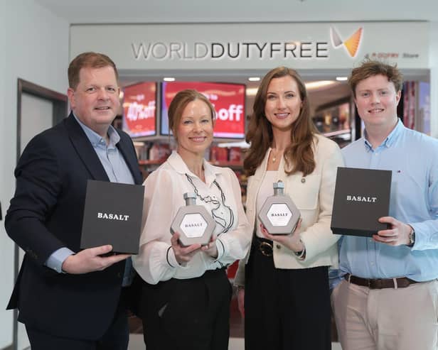 Basalt Volcanic Rock Vodka, produced by the Antrim-based Basalt Distillery, has landed at Belfast City Airport’s World Duty Free store. Pictured are Michael Jackson, head of commercial at Belfast City Airport, Gillian O’Neill, store manager at World Duty Free at Belfast City Airport, Martha Garbe, director at Basalt Distillery and James Richardson, director at Basalt Distillery
