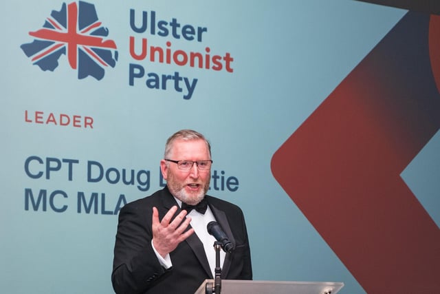 The Ulster Unionist Party leader Doug Beattie during his speech to the celebratory dinner at the Culloden Hotel