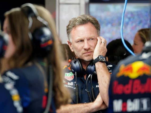 Christian Horner faced the media as an investigation into an allegation of “inappropriate behaviour” against the Red Bull team principal continues