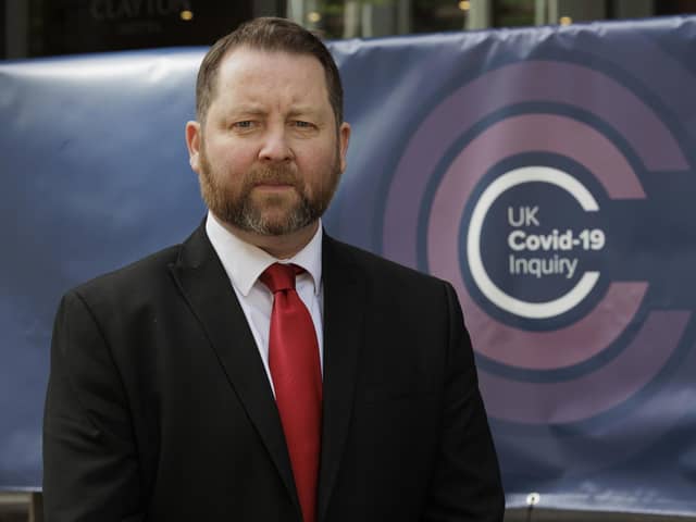 Eddie Lynch, Commissioner for Older People for Northern Ireland, at the UK Covid-19 Inquiry hearing at the Clayton Hotel in Belfast. Mr Lynch said his office received a lot of contact in the early stages of the pandemic around patients being discharged to care homes without a Covid-19 test