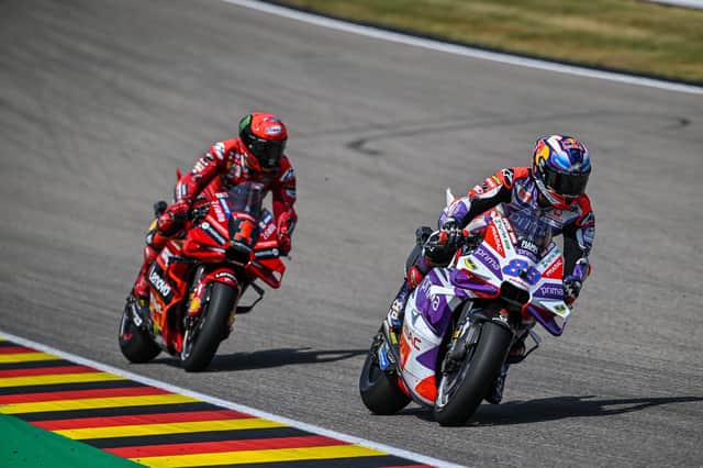 Jorge Martin leads Francesco Bagnaia in the German MotoGP race at the Sachsenring in Germany on Sunday.