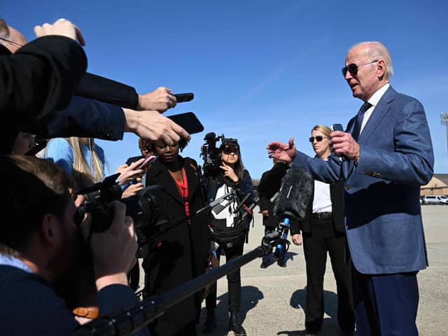 US President Joe Biden speaking to the press before boarding Air Force One, as he departed for Northern Ireland, at Joint Base Andrews in Maryland on Tuesday. Unionism would be well advised to view all Biden’s speeches as well-written spin designed to placate voters back home in the US, not signal the start of a new campaign for Irish unity. (Photo by Jim WATSON / AFP) (Photo by JIM WATSON/AFP via Getty Images)