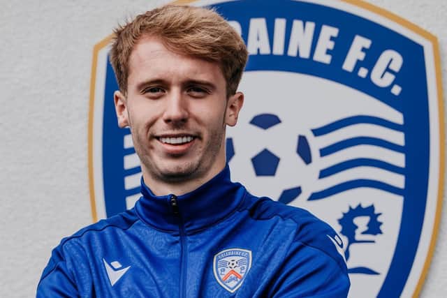 Adam Brooks following confirmation of his transfer to Coleraine from Crusaders in what is understood an Irish League record fee. (Photo by Coleraine FC)