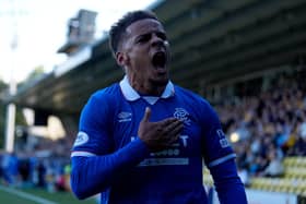 Rangers’ Max Aarons celebrates after scoring a late winner against Livingston. (Photo by Andrew Milligan/PA Wire)