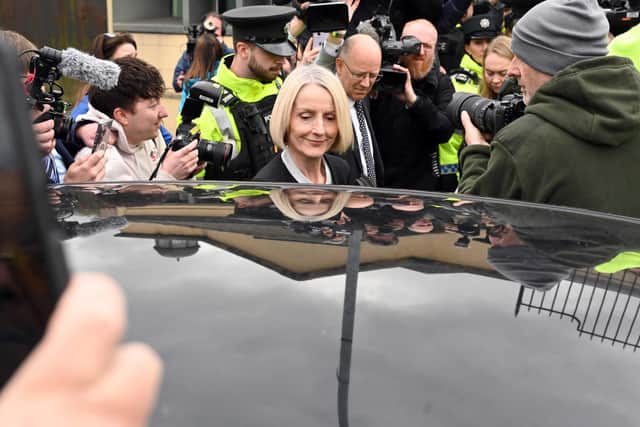 Sir Jeffrey Donaldson’s wife Eleanor leaves court in Newry where she faced a number of historical sex charges. Photo Sean Donegan/Pacemaker Press