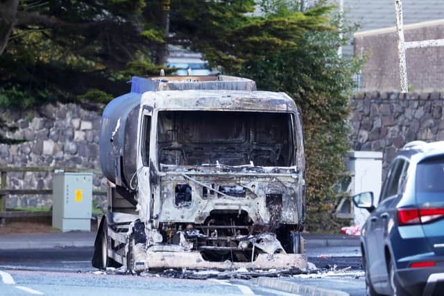 The remains of the oil tanker on Mourneview Avenue in Lurgan (Jonathan Porter/PressEye)