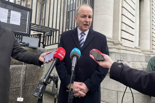 Ireland's deputy premier Micheal Martin speaks to the media at Government Buildings, Dublin, where he said Ireland will intervene in South Africa's genocide case against Israel