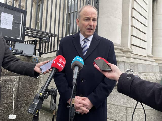 Ireland's deputy premier Micheal Martin speaks to the media at Government Buildings, Dublin, where he said Ireland will intervene in South Africa's genocide case against Israel