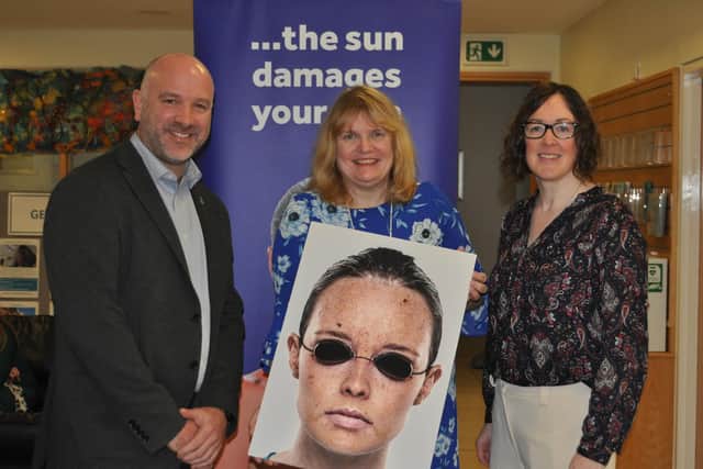 Richard Spratt, chief executive, Cancer Focus, Jennifer Parkinson, melanoma patient, and Dr Ethna McFerran, Cancer Health Economist, Queen’s University Belfast.
Cancer Focus NI is calling for an ambitious new Skin Cancer Prevention Strategy to ease the burden on the health service, as half of cases are preventable