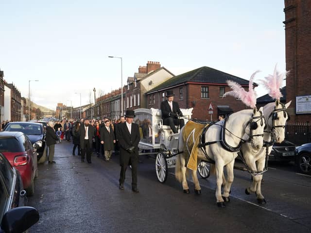 PABest The funeral cortege of Stella-Lily McCorkindale travels through Belfast ahead of her funeral. Five-year-old Stella-Lily died after a case of Strep A was reported at the primary school she attended, Picture date: Wednesday December 14, 2022.